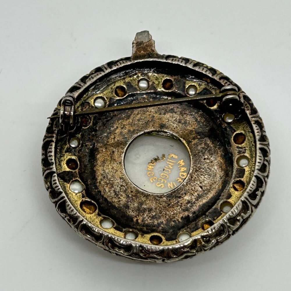 Vintage Limoges Porcelain Cameo Brooch Faux Pearls Rhinestones Hand Painted READ - Picture 5 of 16